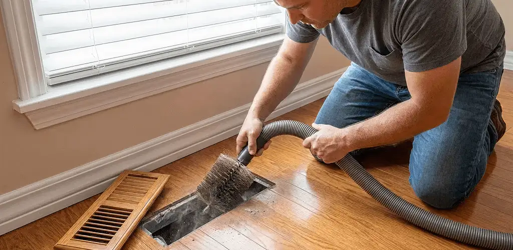 Air duct cleaning technician vacuuming a floor vent and duct opening in Philadelphia, PA