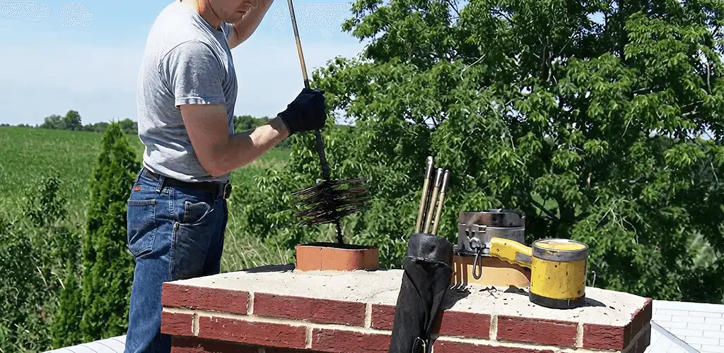 Chimney cleaning technician working on a rooftop chimney with professional tools in Philadelphia, PA
