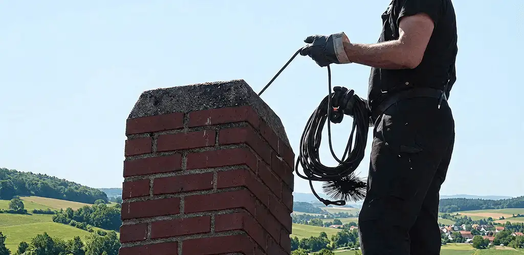Chimney sweep inspecting and cleaning a rooftop chimney in Philadelphia, PA