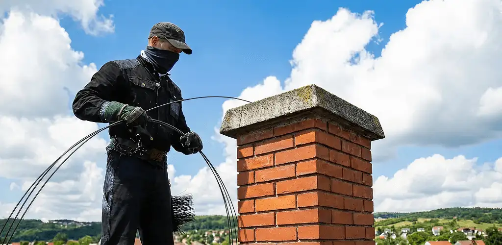 Chimney sweep cleaning a brick chimney with professional tools in Philadelphia, PA