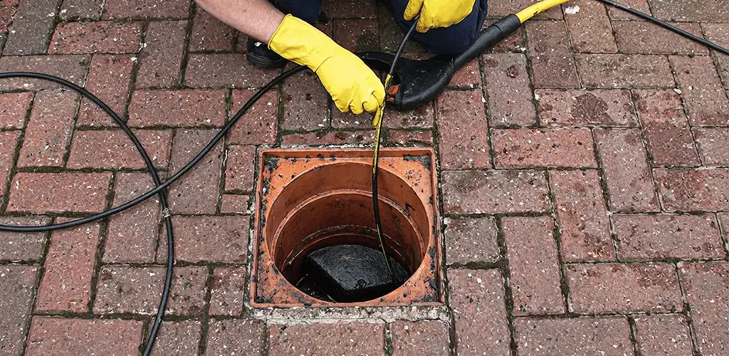 Drain cleaning technician using a drain snake to clear a clogged drain in Philadelphia, PA