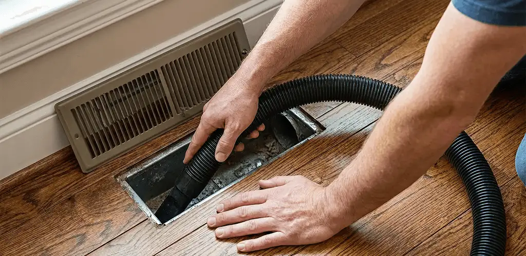 Air duct cleaning technician vacuuming a floor register and duct opening in Philadelphia, PA