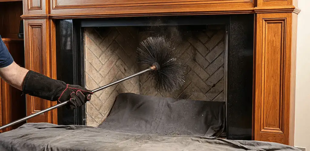 Chimney cleaning service brushing soot from a fireplace and flue in Philadelphia, PA