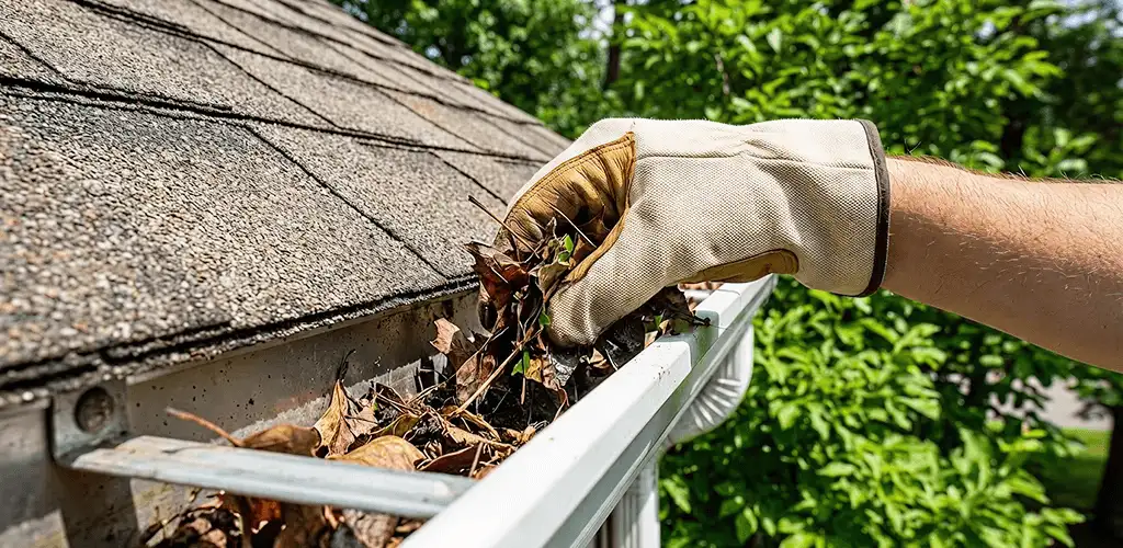 Gutter cleaning removing leaves and debris from roof gutters in Philadelphia, PA