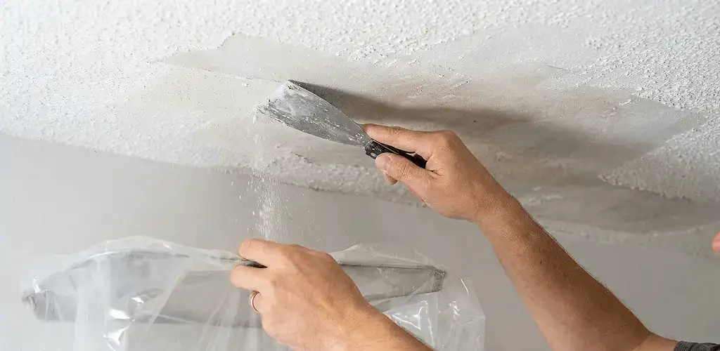 Popcorn ceiling removal technician scraping texture from a ceiling in Philadelphia, PA