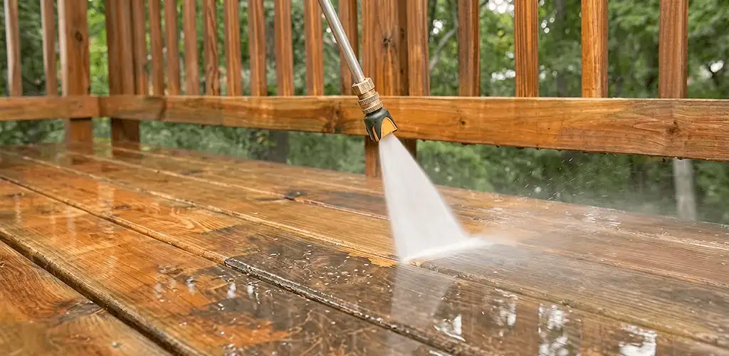 Pressure washing a wood deck to remove dirt and buildup in Philadelphia, PA