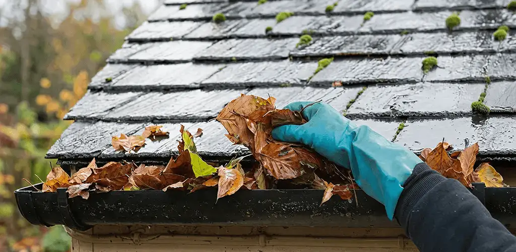 Gutter cleaning technician clearing wet leaves from roof gutters in Philadelphia, PA