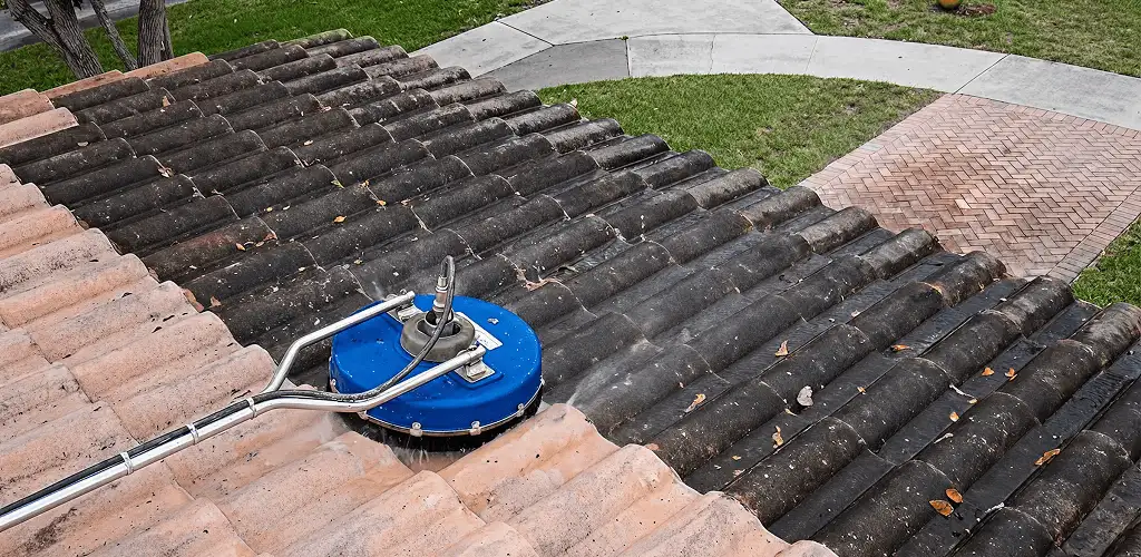 Roof pressure cleaning removing debris and buildup from roof tiles in Philadelphia, PA