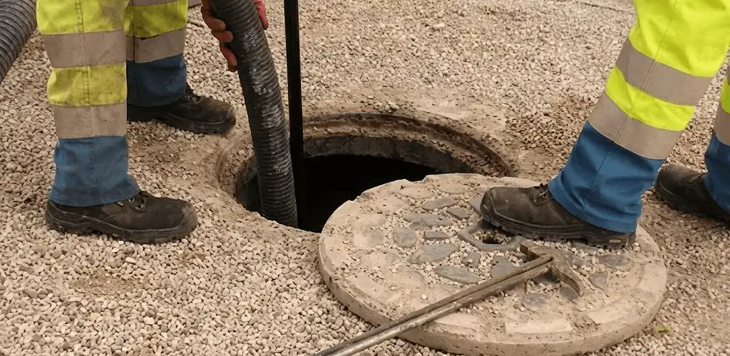 Drain cleaning crew clearing a sewer access point with professional equipment in Philadelphia, PA