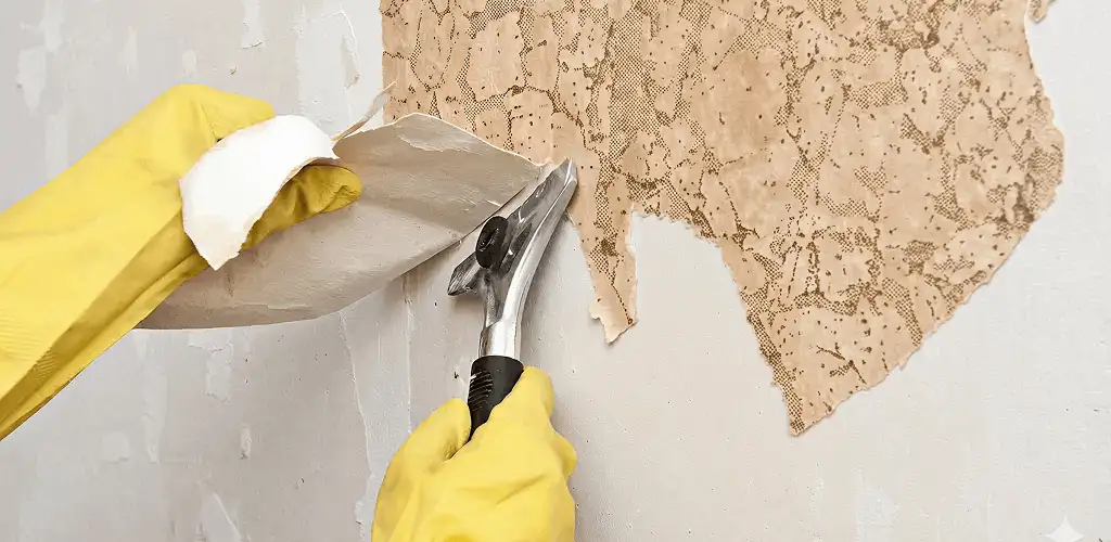 Wallpaper removal service stripping old wallpaper from a wall in Philadelphia, PA
